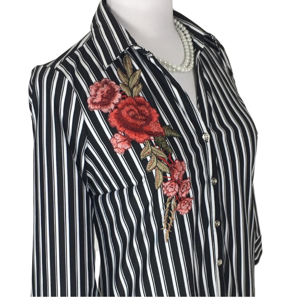 Mlle Gabrielle Black White Striped Stretch Button Down Shirt Dress size  Small - Picture 12 of 16